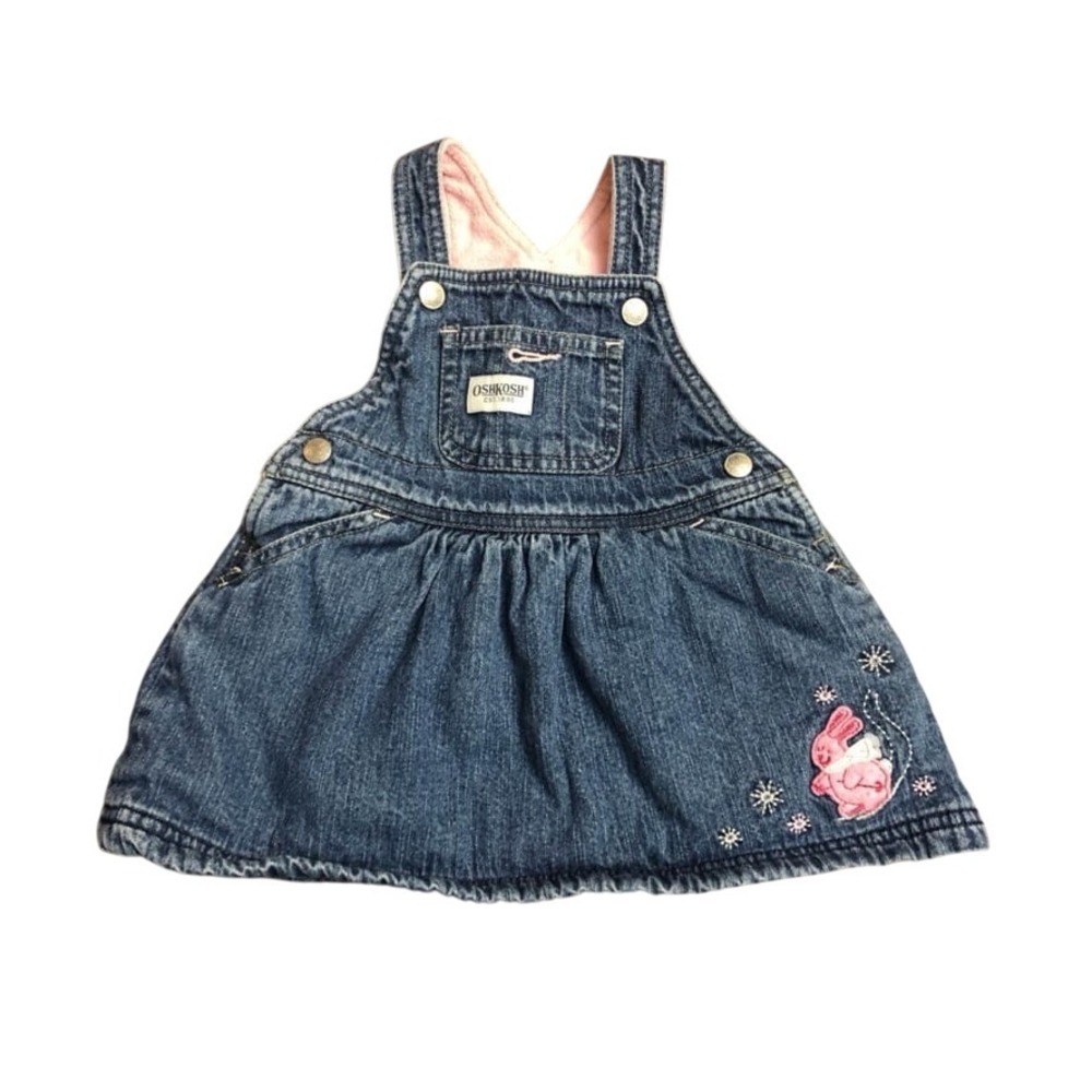 OshKosh B'Gosh baby girl denim fleece lined overall jumper dress bunny 12 months